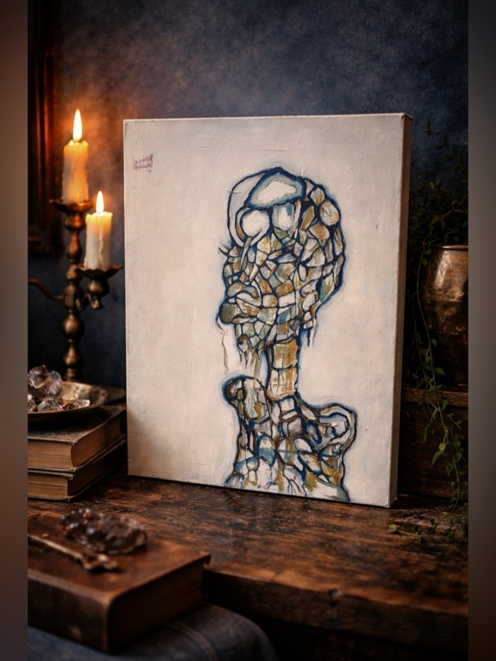 Abstract Portrait Art Canvas Original Painting Not Signed 18x14in Oil Blue Hues